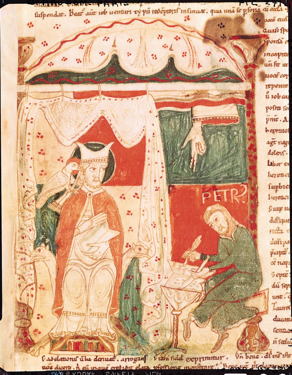 Ms 70 f.57 Påven Gregorius I den store (ca 540-604) dikterar Jobs bok till sin skrivare Peter, från Moralia in Job av påven Gregorius den store av French School