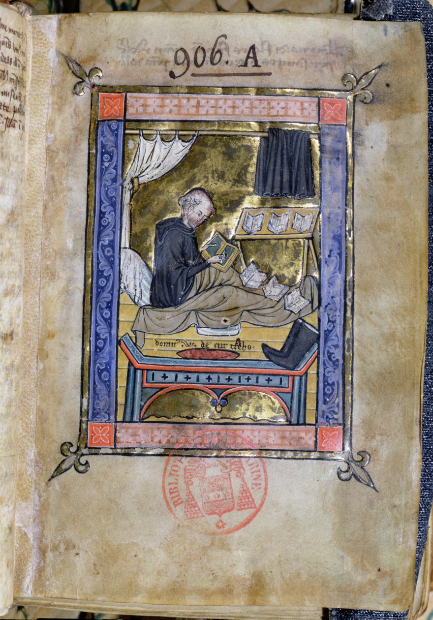 Ms 753 Fol.9 Munk skriver i sin säng, från Flores Bernardi av Guillaume de Tournai av French School