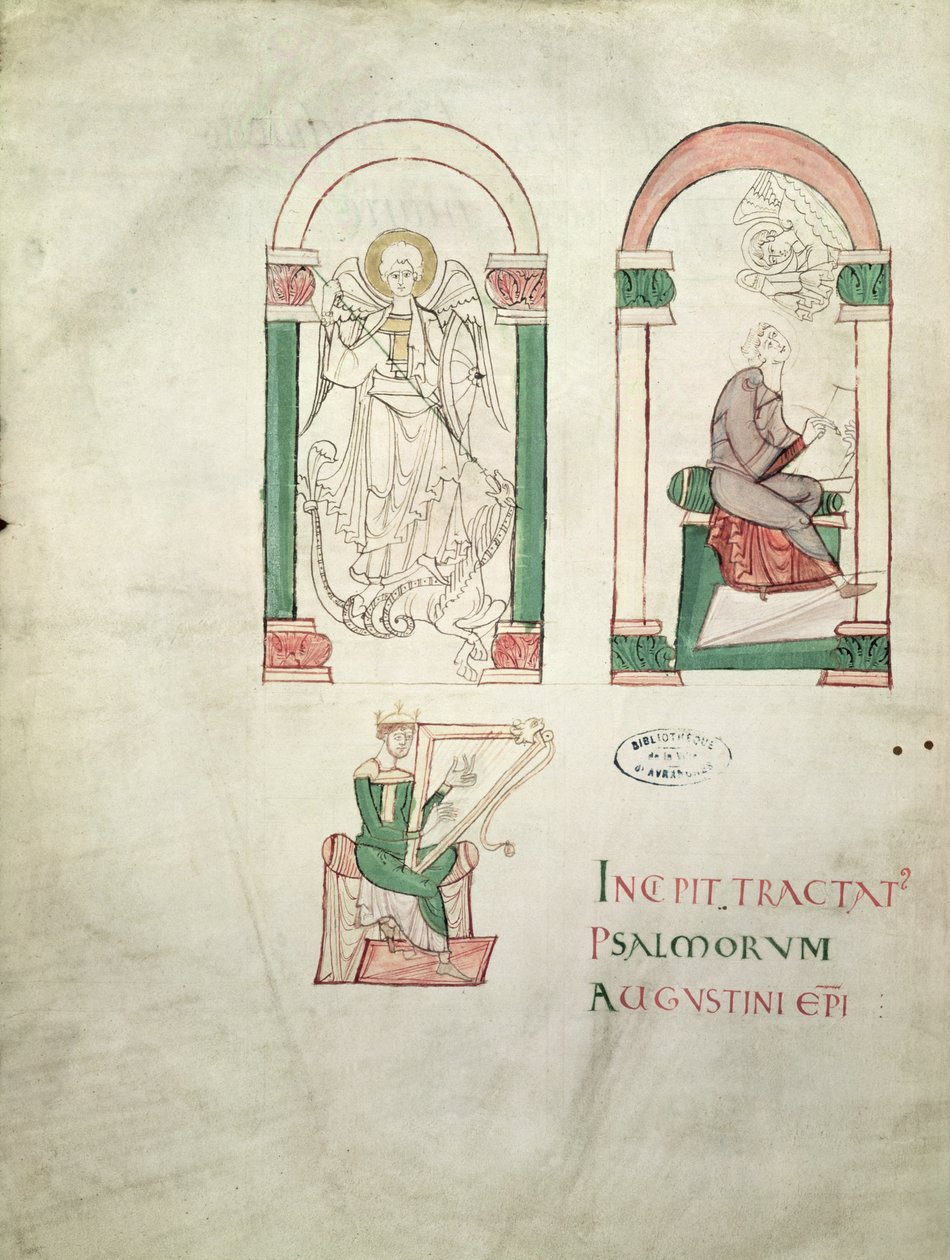 Ms 76 St. Michael, St. Augustine Writing and St. David Playing the Harp, frontispice från Saint Augustin Super Psalmos av French School