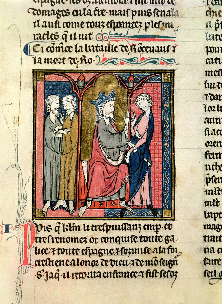 Ms 782 f.152r Charlemagne (742-814) skickar Ganelon till Saragossan Kings, Marsile och Baligant, från Chroniques de Saint-Denis, ca 1275 av French School