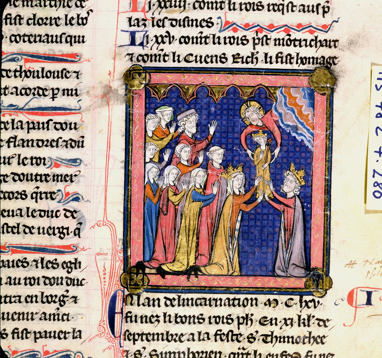 Ms 782 f.280 kung Filip II (1165-1223) av Frankrike, från Chroniques de Saint-Denis, sent 1200-tal av French School
