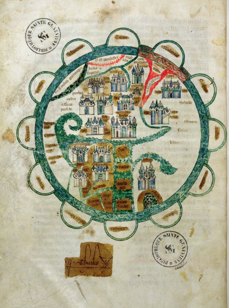 Ms 782 fol.16v. Karta över världen i form av en jordglob, miniatyr från Grandes Chroniques de Philippe le Hardi av French School