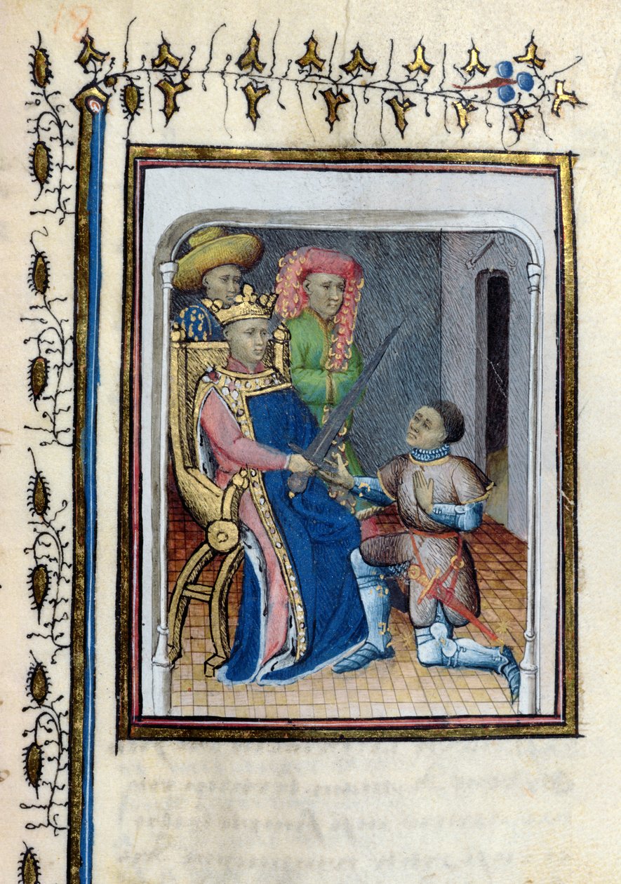 Ms 814 Charles V (1338-80) återlämnar Högkonstapelns svärd till Bertrand du Guesclin (ca 1320-80) från Histoire de Du Guesclin efter dikten av Cuvelier, tidigt 1400-tal av French School