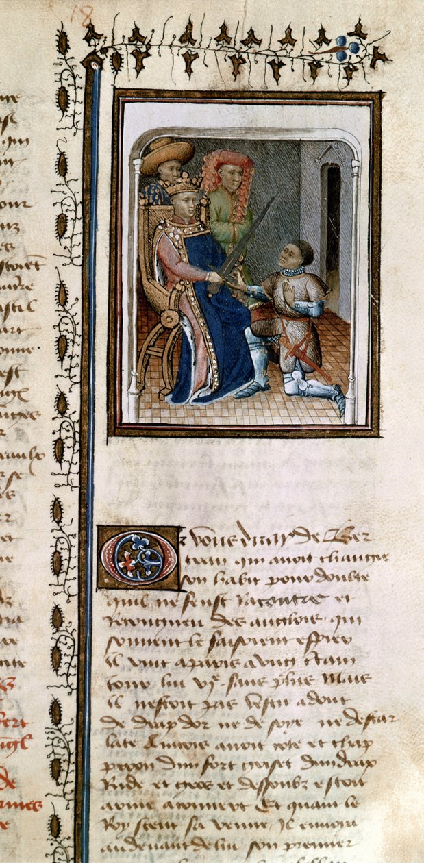 Ms 814 f.125r Bertrand du Guesclin (1320-80) adlad av kungen, från Histoire de Du Guesclin av French School