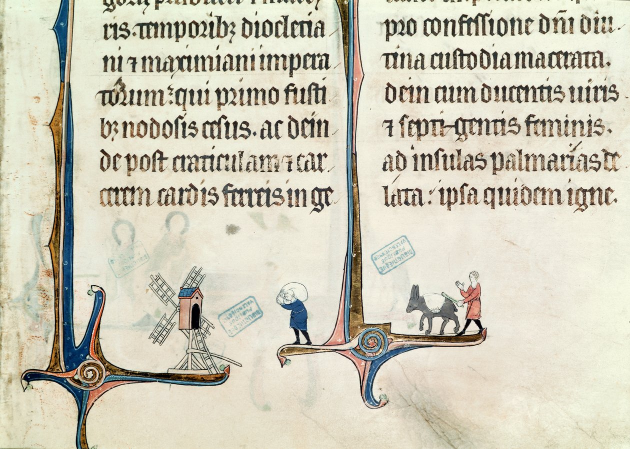 Ms 838 fol.55 En man som kör sin åsna som bär påsar med vete till en väderkvarn, från Obituaire de Notre Dame de Pres, efter 1270 av French School