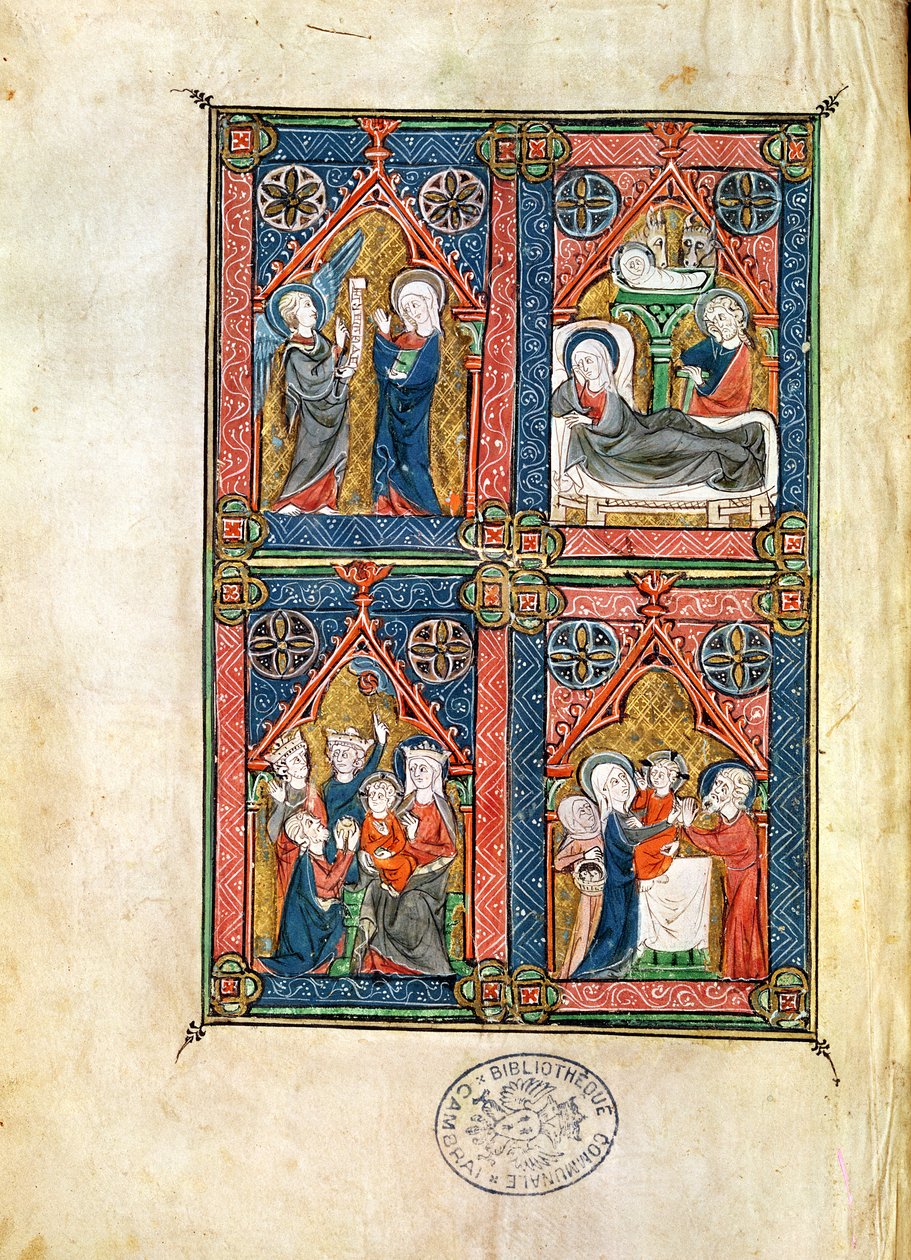 Ms 87 fol.16 Bebådelsen, födseln, tillbedjan av männen och reningen, från Mahaut dArtois timmar av French School