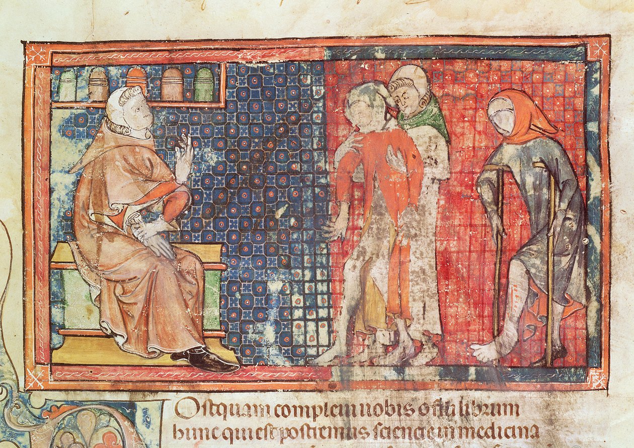 Ms 89 Ter fol.95 En sjuk man och en handikappad man presenteras för en läkare, från en avhandling av Abul Qasim Kalaf ibn al-Abbas al Zahrawi (Albucasis) av French School