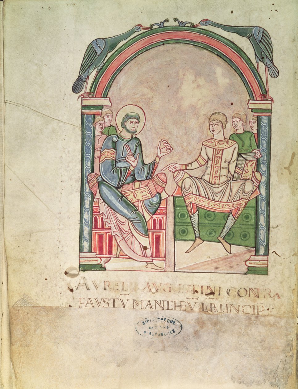 Ms 90 St. Augustine argumenterar med Faustus i närvaro av deras elever, frontispice från Saint Augustin Contre Faustus av French School