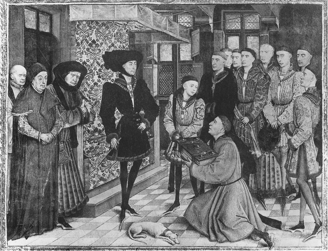 Ms 9242 Hainaut Chronicles, Filip den gode, hertig av Bourgogne, presenterad med översättningen av krönikorna av Jean Vauquelin, Karl den djärve som barn till vänster om honom av French School
