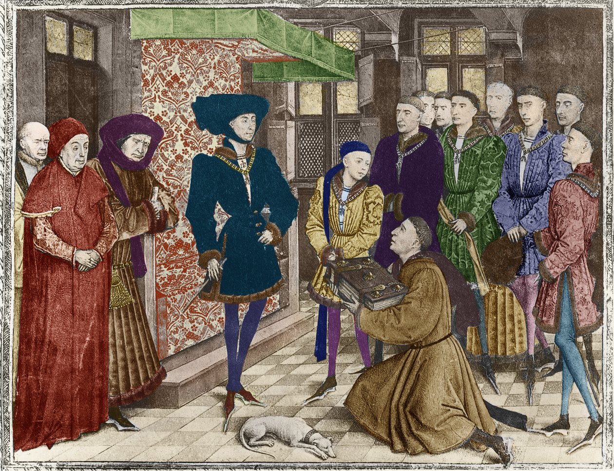 Ms 9242 Hainaut Chronicles, Filip den gode, hertig av Bourgogne, presenterad med översättningen av krönikorna av Jean Vauquelin, Karl den djärve som barn till vänster (senare färgläggning) av French School