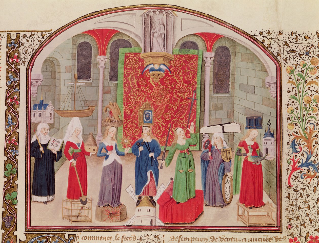 Ms 927 Fol.17v Theological and Cardinal Virtues, from Ethics, Politics and Economics av Aristoteles (384-322 f.Kr.) av French School