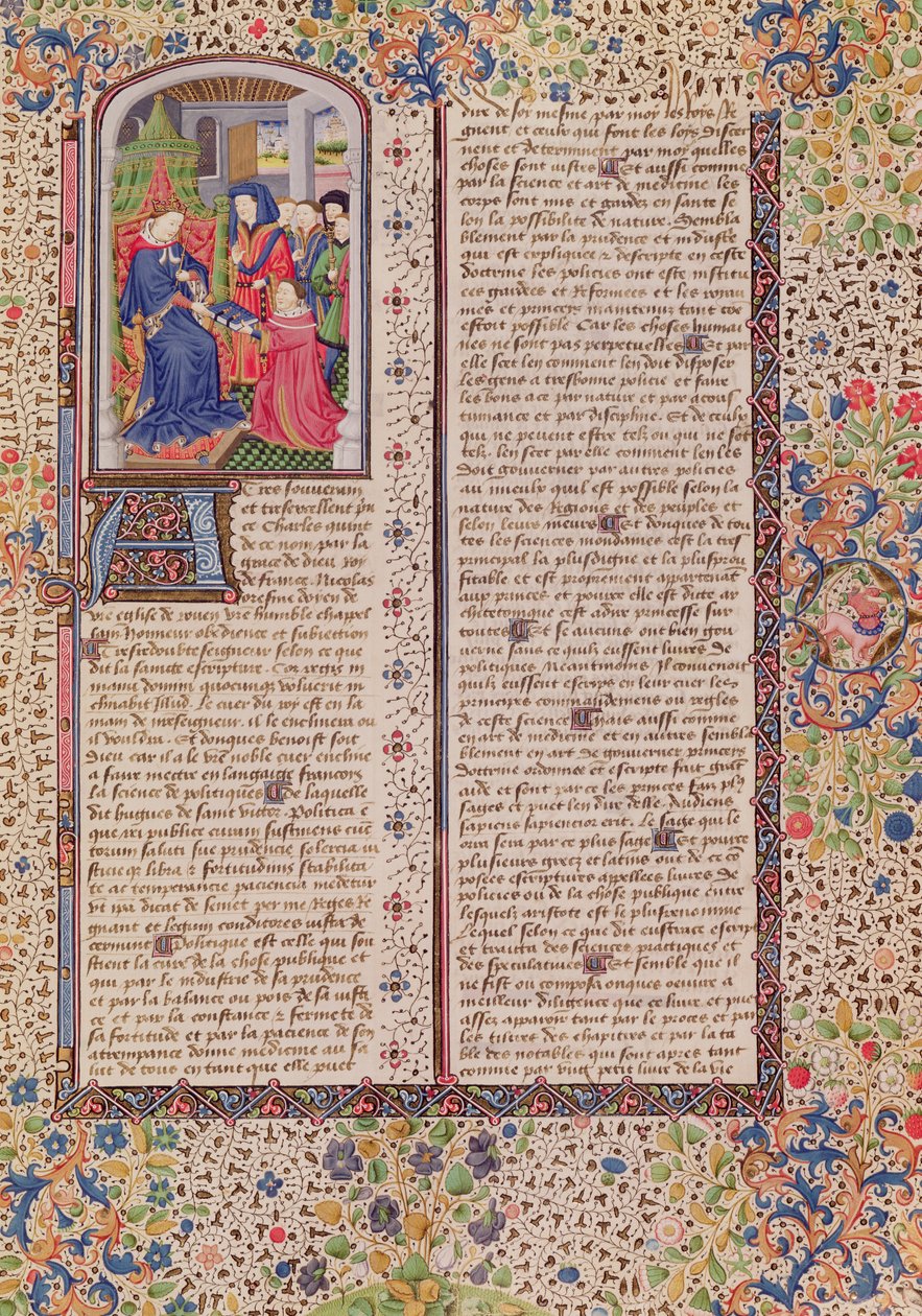 Ms 927 Fol.186 Presentation of the Politics to the King, from Ethics, Politics and Economics av Aristoteles (384-322 f.Kr.) av French School