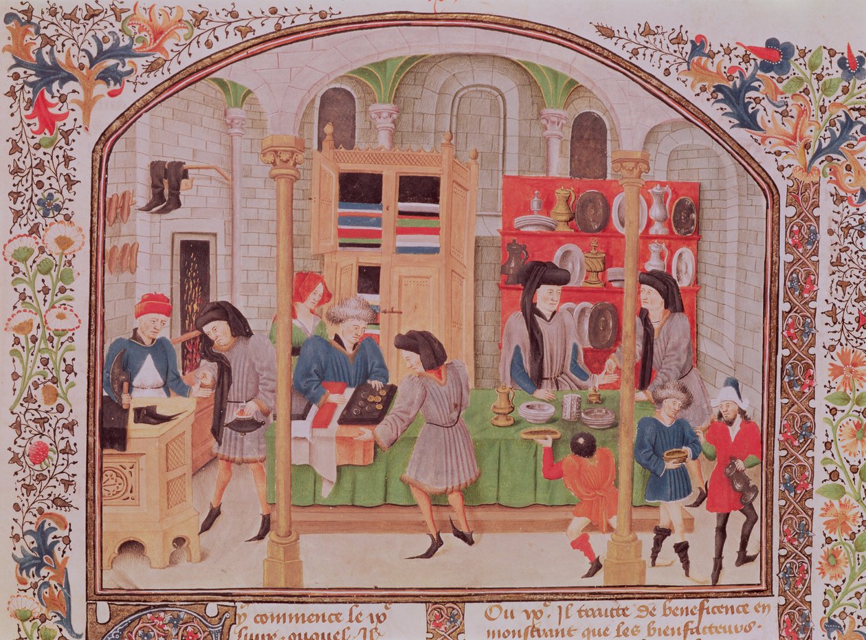 Ms 927 f.145r The Mint, från Aristoteles `Ethics, Politics, Economics, från en fransk översättning av Nicholas Oreme av French School