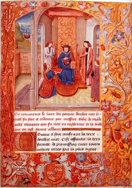 Ms 95 Fol.1 Författaren erbjuder sin bok till hertigen av Bourgogne, från Armorials of Adolphe de Cleves, tidigt 1400-tal (vellum) av French School