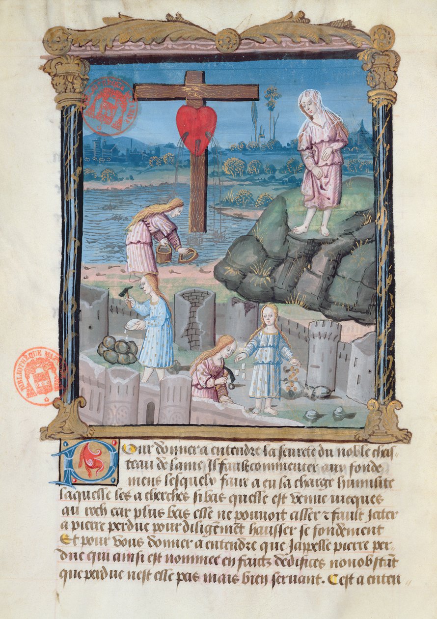 Ms 978 fol.31 Byggandet av slottet, illustration från en andlig avhandling för lekmäns bruk av Gabrielle de Bourbon av French School