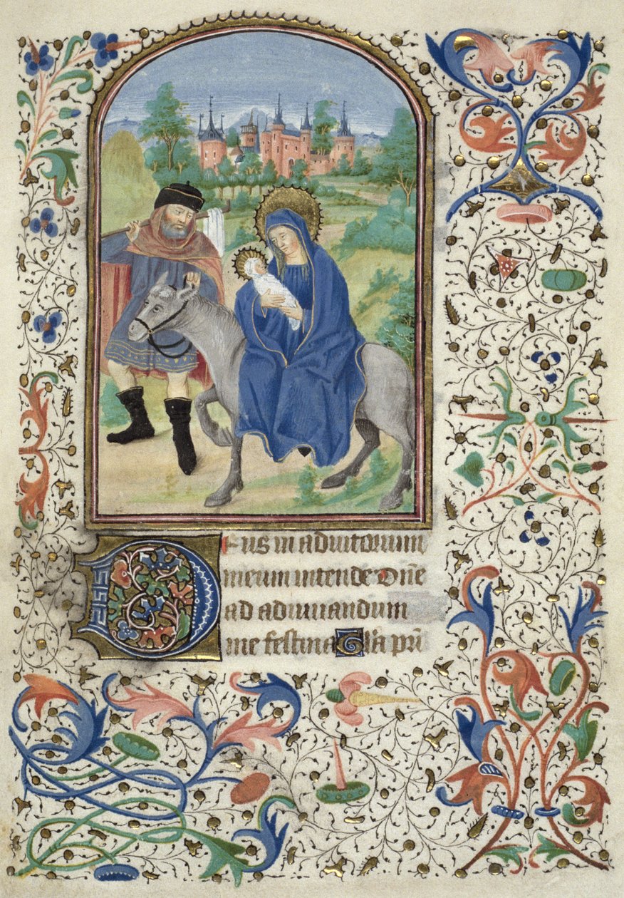 Ms Euing 4 f.55r The Flight into Egypt, from Glasgow Hours, c.1450-60 av French School