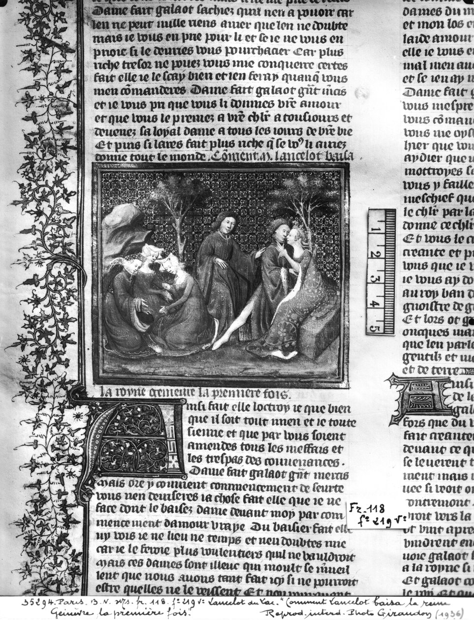 Ms Fr 118 fol.219v Hur Lancelot kysste Guinevere för första gången, från Livre de Messire Lancelot du Lac av French School
