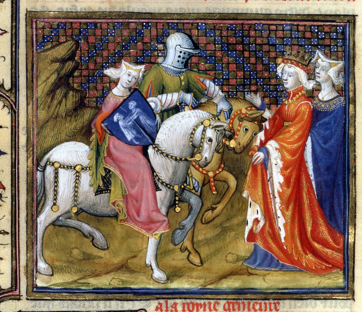 Fr. 120 The Lady of the Lake Meeting Guinevere, från The Story of Lancelot i La Quite de Saint Graal av French School