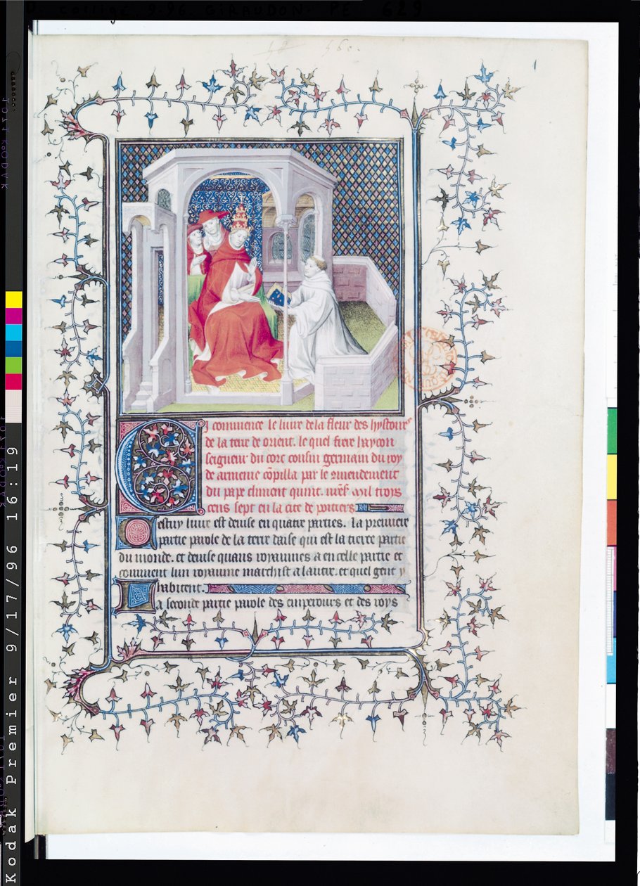 Fr 12201 Fol.1 Hayton presenterar sitt verk för påven Clement V (c.1260-1320) från berättelsernas blomma från Orientens land av Hayton (d.1271) 1402 av French School