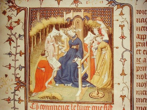 Fr 12420 Författaren presenterar sitt arbete för en grupp kvinnor, från "De Claris Mulieribus", av Giovanni Boccaccio (1313-75) (vellum) av French School