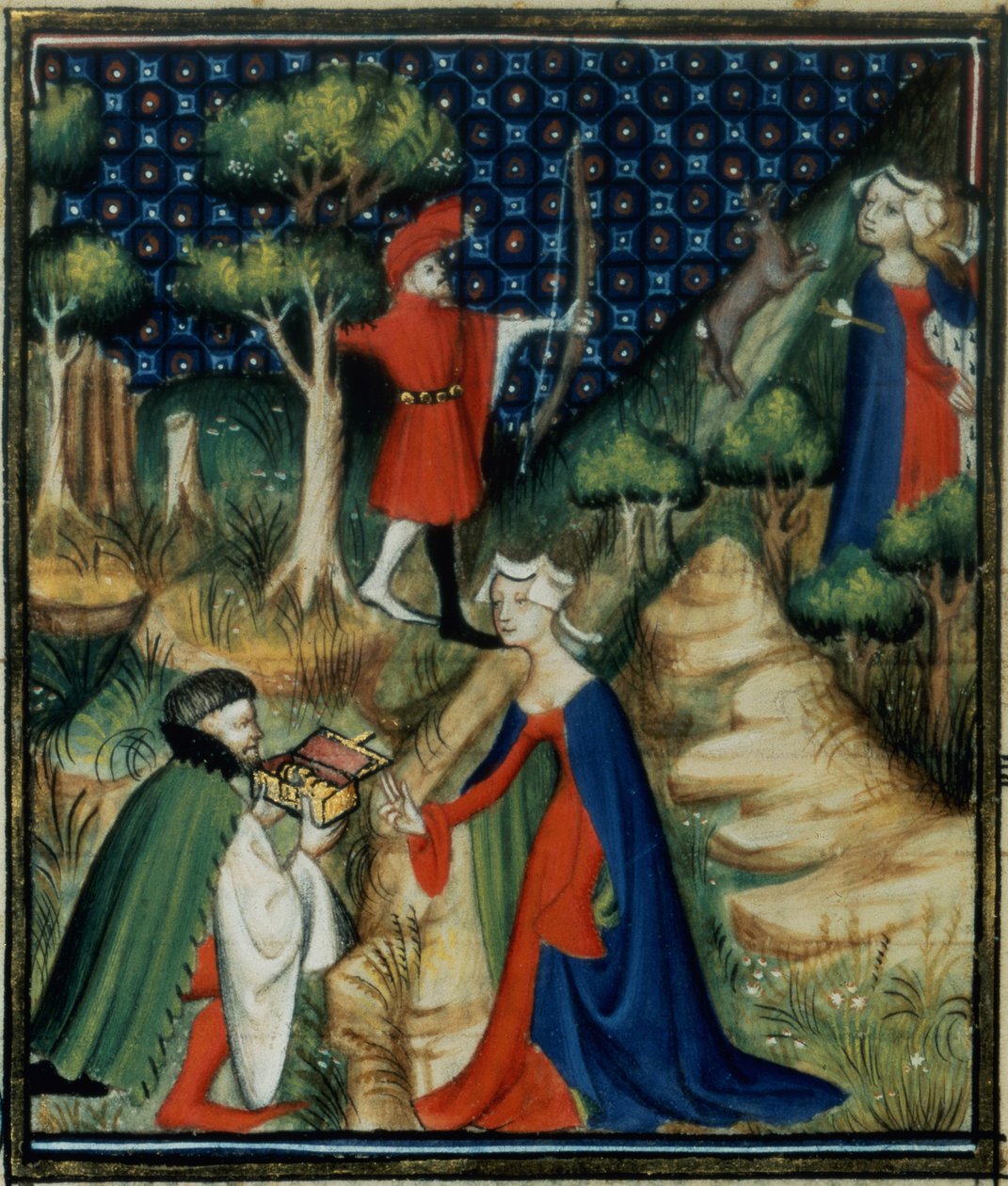 Fr 12420 fol.139v. Berättelsen om Procris, från `De Claris Mulieribus, från Giovanni Boccaccios verk (1313-75) av French School