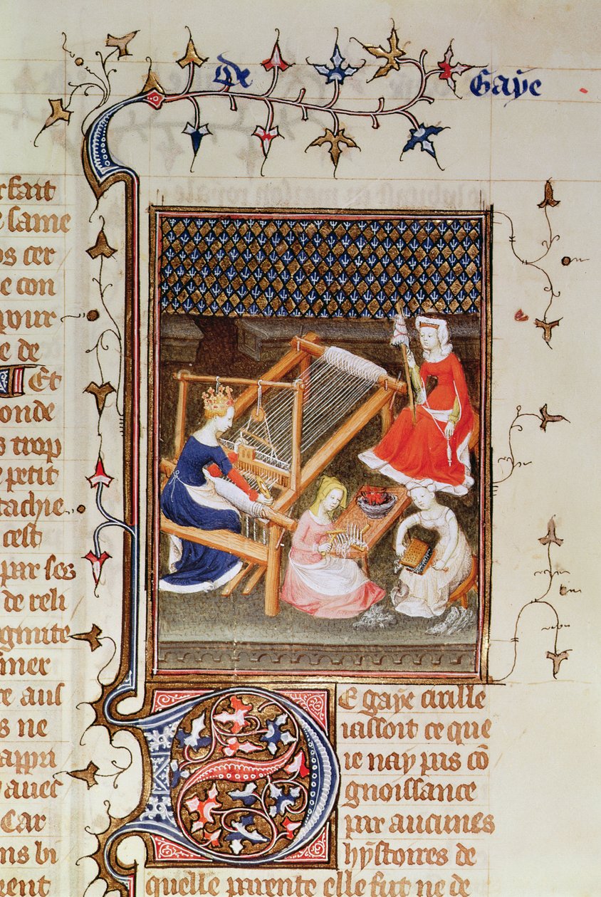 Fr 12420 fol.71 Tanaquil vävning, från `De Claris Mulieribus, från verk av Giovanni Boccaccio, 1402 av French School