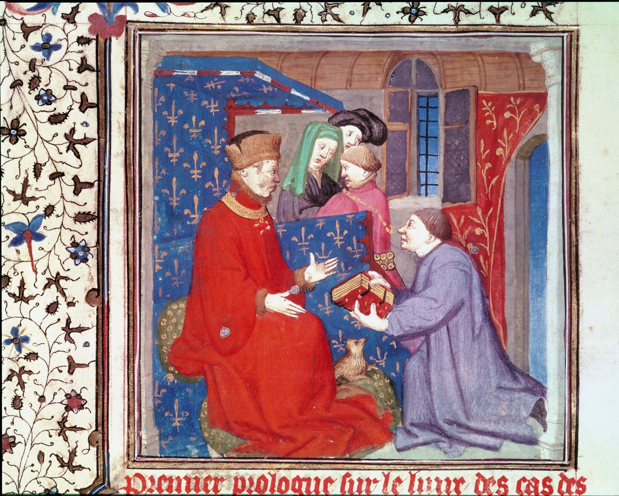 Fr 131 f.1 Jean (1340-1416) Hertig av Berry tar emot ett manuskript från Boccaccio, från Cas des Nobles Hommes et Femmes av Giovanni Bocaccio (1313-75) av French School