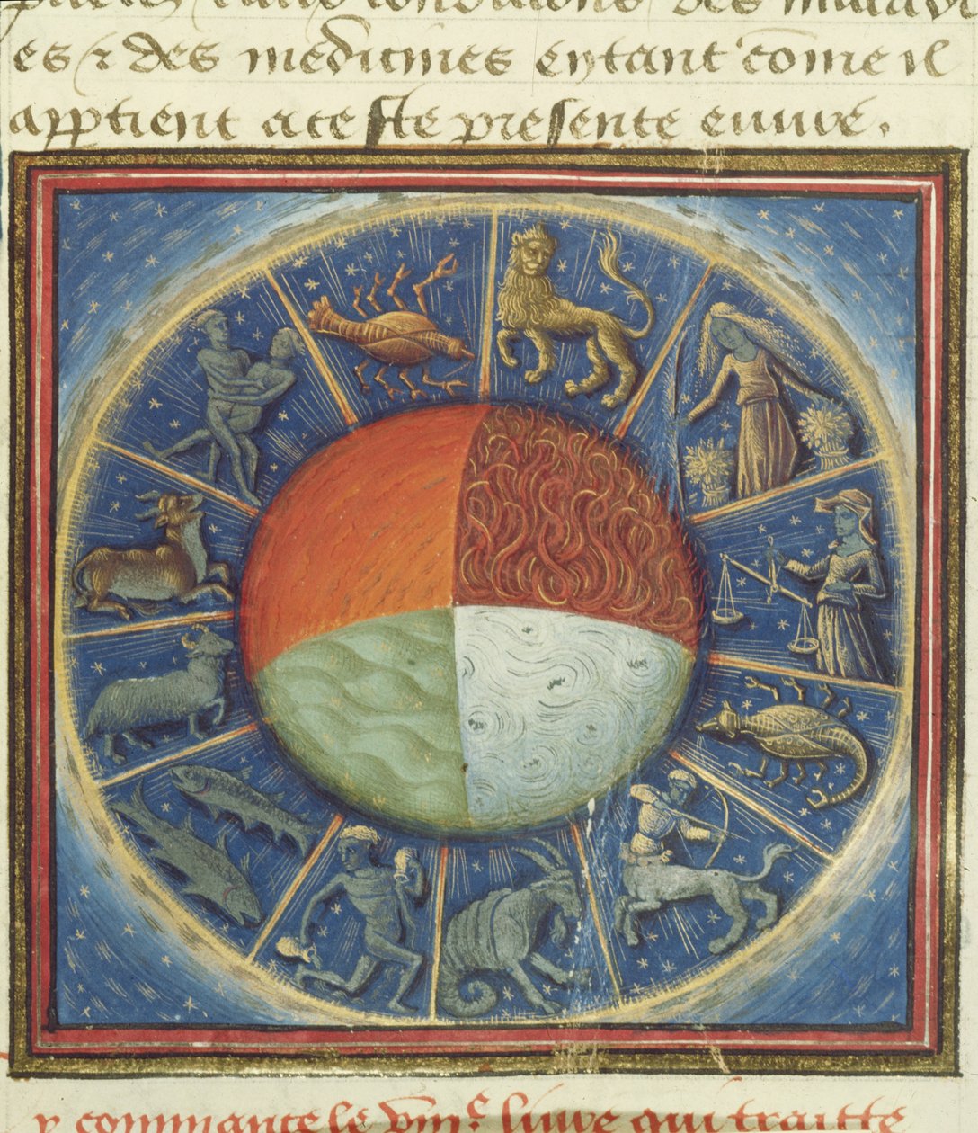 Ms Fr 135 Fol.285 Jordens fyra element med zodiakens tolv tecken, från Des Proprietez des Choses av Barthelemy lAnglais, 1445-50 av French School