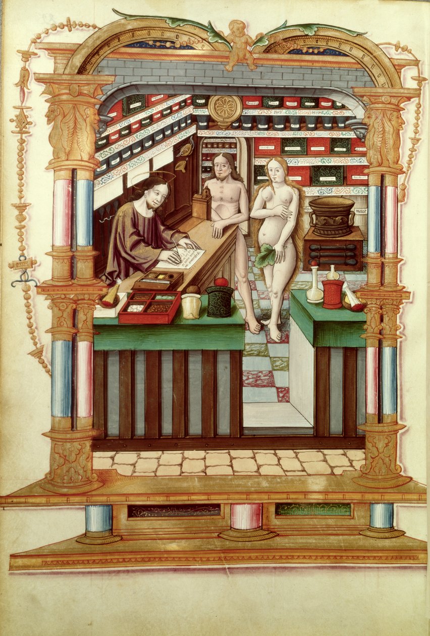 Fr 1537 Kristus apotekaren med Adam och Eva, från Chants royaux sur la Conception Couronnee du Puy de Rouen av French School