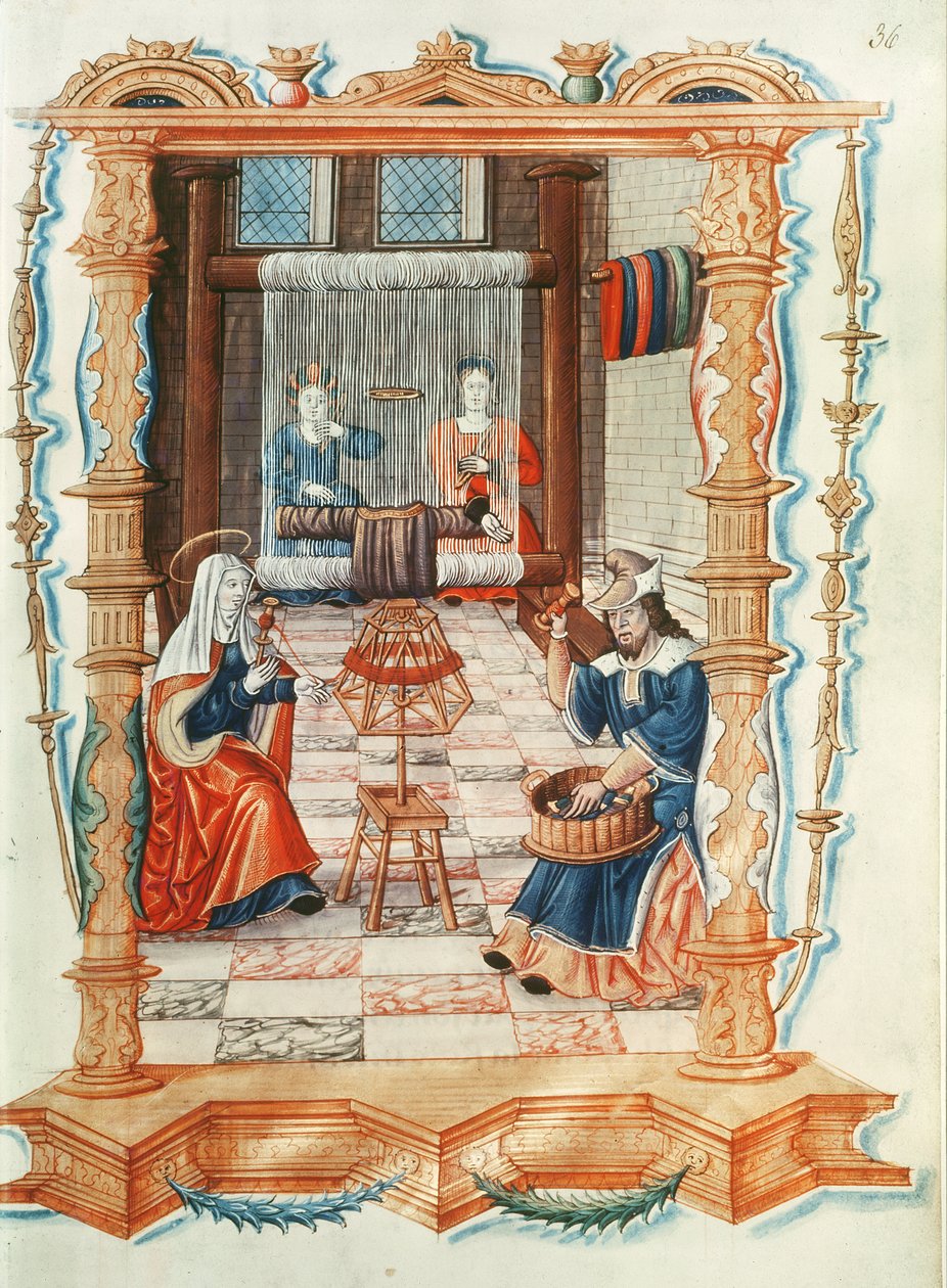 Fr 1537 Fol.36 Jungfru Maria väver i en verkstad, från Chants royaux sur la Conception Couronnee du Puy de Rouen av French School