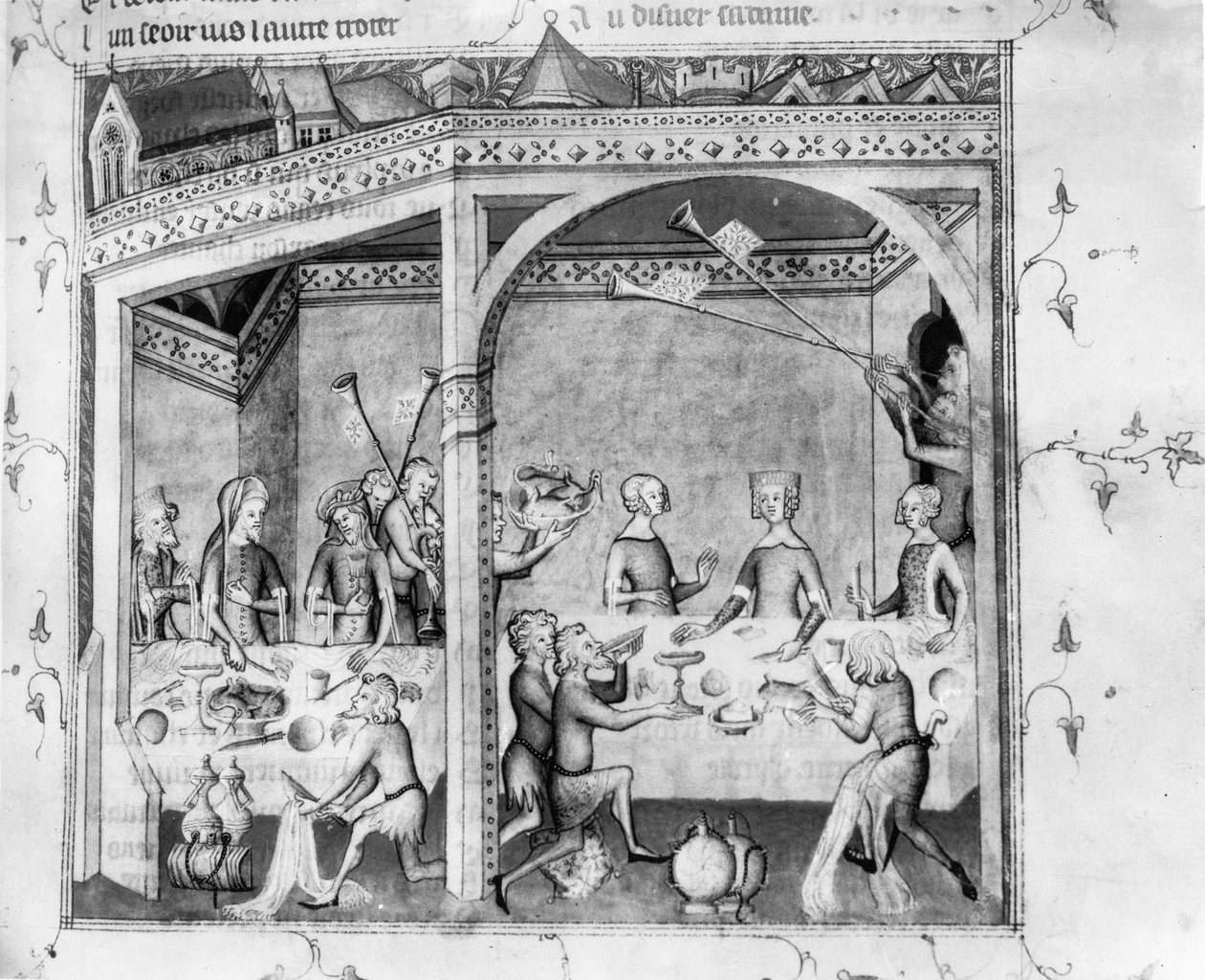 Ms Fr 1584 Musiker underhållande vid en bankett, ca 1370 (manuskript) av French School
