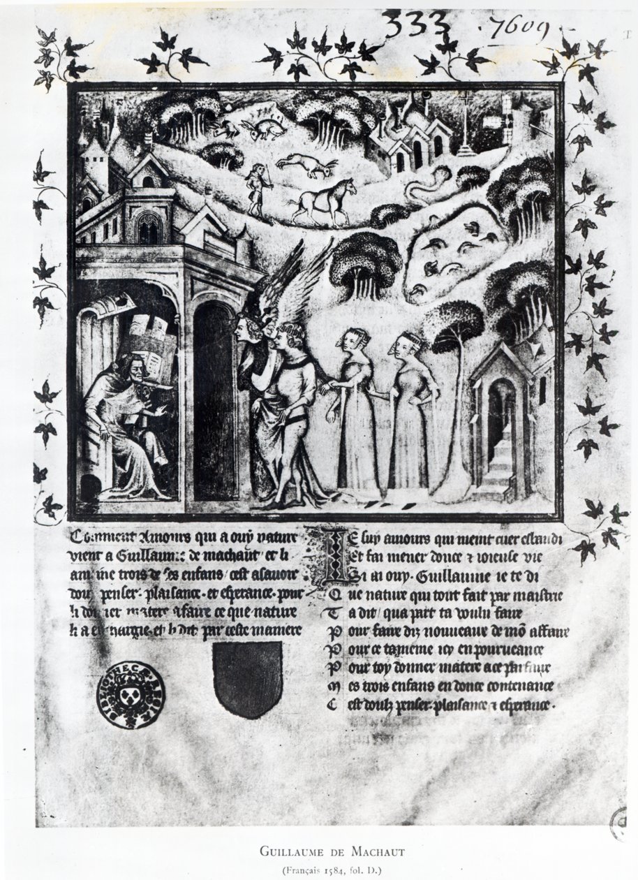 Fr 1584 f.D Författaren som tar emot kärleken som ger honom söta tankar, nöje och hopp, ca 1370 (manuskript) av French School
