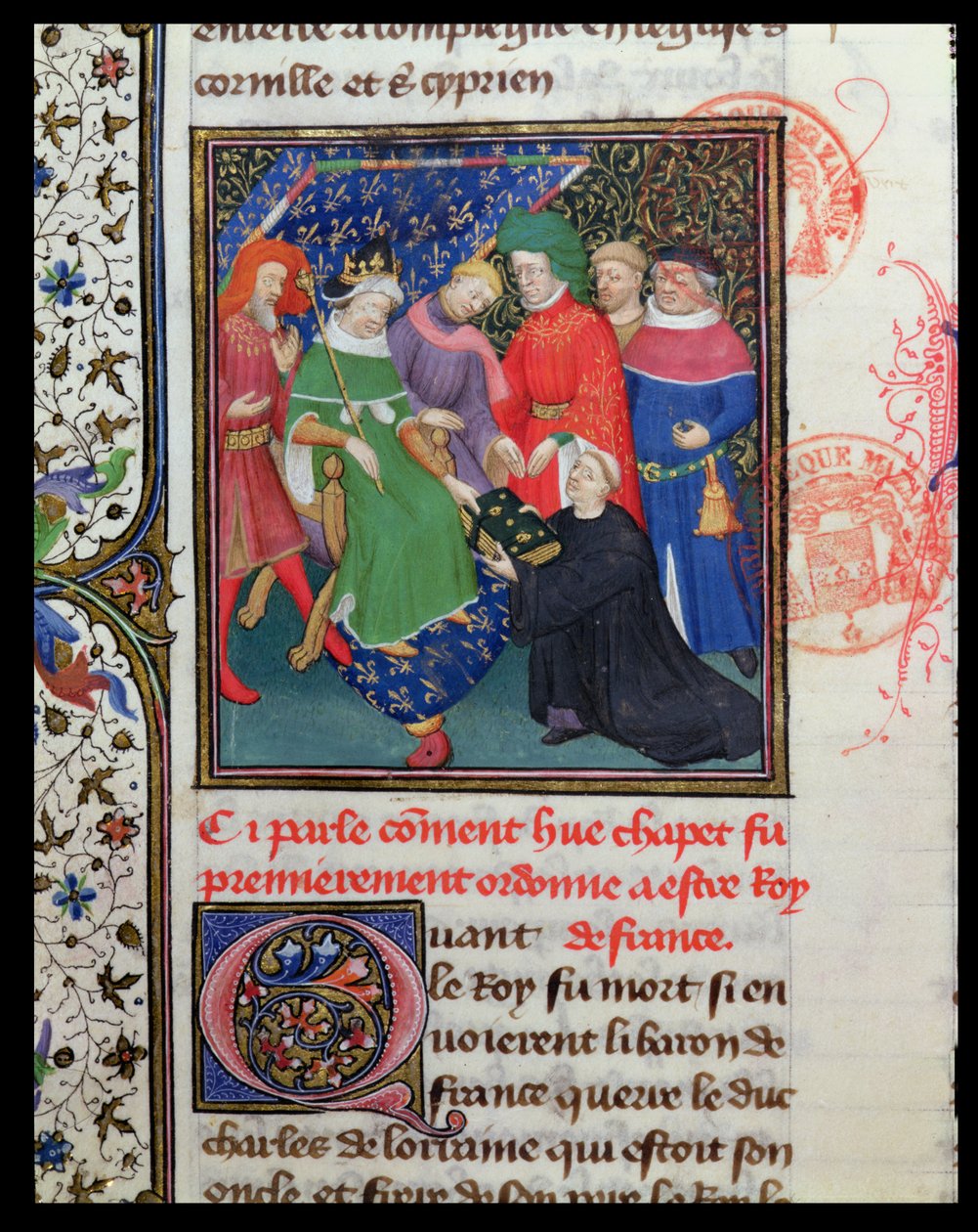 Fr 2029 fol.30v. Hugues I Capet (941-996), kungen med en hatt av French School