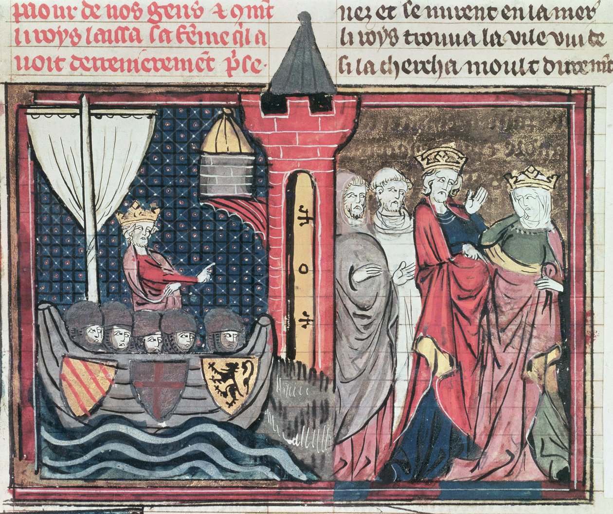 Fr 22495 Fol.101 Baldwin I korsar floden Jordan och avstår från sin fru, från Le Roman de Godefroy de Bouillon, 1337 av French School