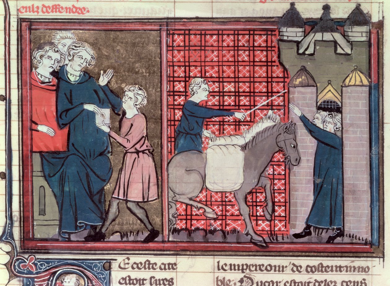 Fr 22495 Fol.37v En budbärare sänds för att rädda Antiochia, från Le Roman de Godefroi de Bouillon, 1337 av French School