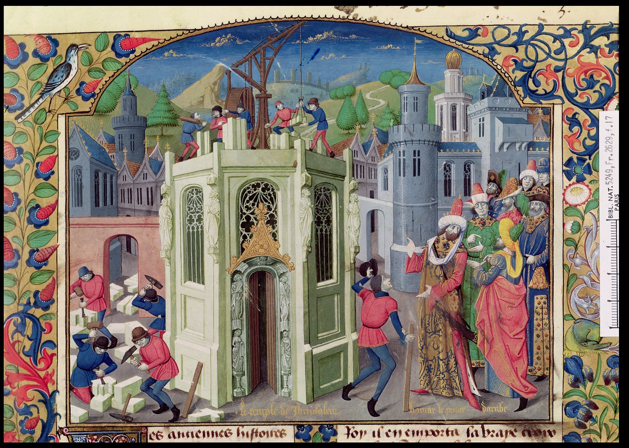 Fr 2629 fol.17 Sultan Omar initierar återuppbyggnaden av Jerusalems tempel, från Histoire de la conquete de Jerusalem av William av Tyrus (ca 1130-85) ca 1470 av French School
