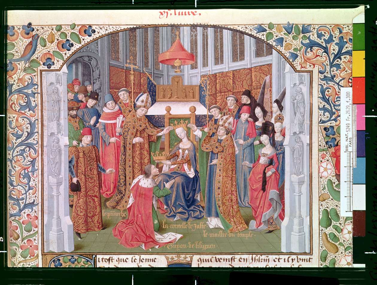 Fr 2629 fol.300 Grevinnan av Jaffa (c.1136-88) kröner Guy av Lusignan (d.1194) från Histoire de la conquete de Jerusalem av William av Tyrus (c.1130-85) c.1470 av French School