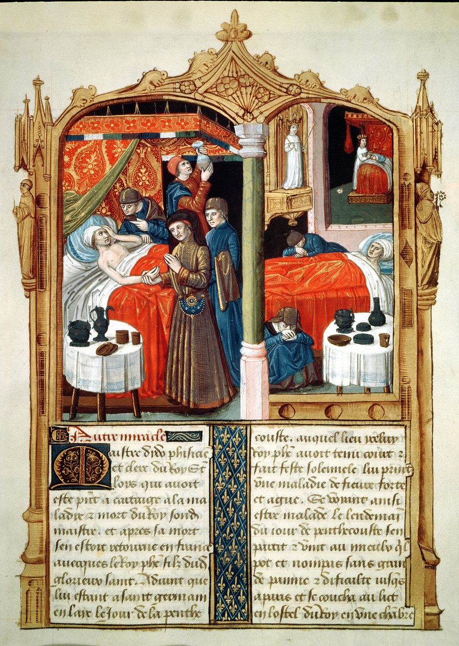 Fr 2829 fol.90 Mirakel vid St. Louis grav, från Le Livre des Faiz de Monseigneur Saint Louis av French School