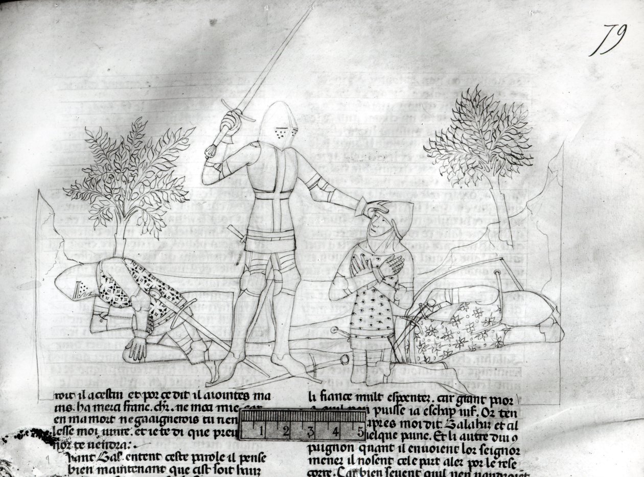 Fr 343 f.79 Beväpning av en riddare på ett slagfält, från Lancelot du Lac av French School
