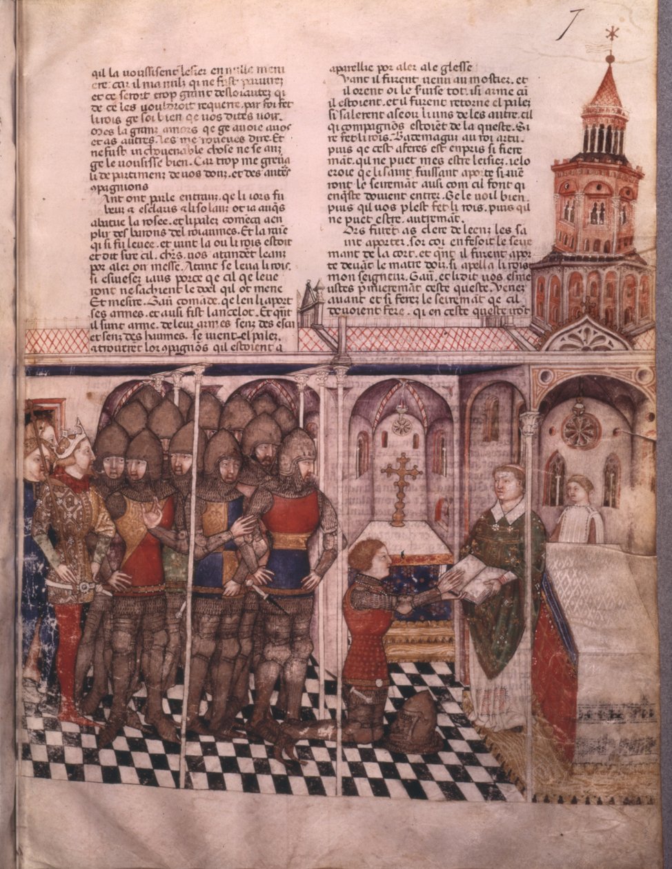 Fr 343 fol. 7 Jakten på den heliga gralen och Arthurs död, riddare som avlägger ed av French School