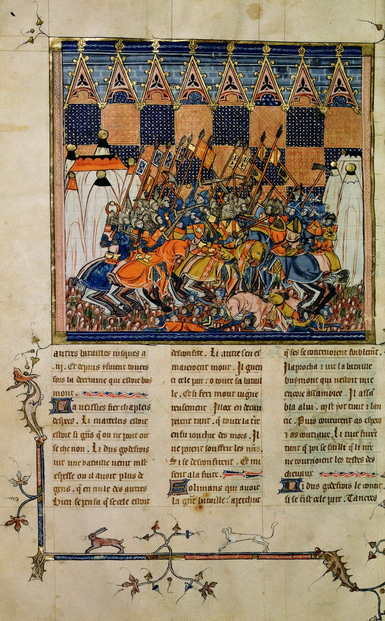 Fr. 352 fol. 49v Battle scene, från biografin om Godefroi de Bouillon, A History of Western Saints av French School