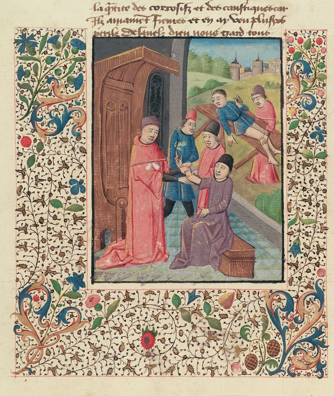Ms Fr 396 fol.80v En läkare som behandlar frakturer, från La Grande Chirurgie av Guy de Chauliac av French School