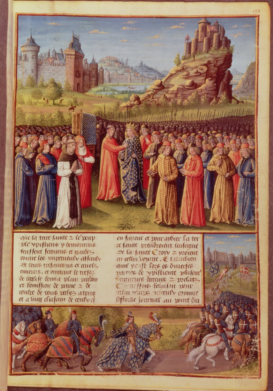 Fr 5594 f.138 Saint Bernard (c.1090-1153) av Clairvaux predikar det andra korståget i närvaro av kung Ludvig VII (c.1120-80) av Frankrike i Vezelay 1146, från Passages faits Outremer skriven av French School