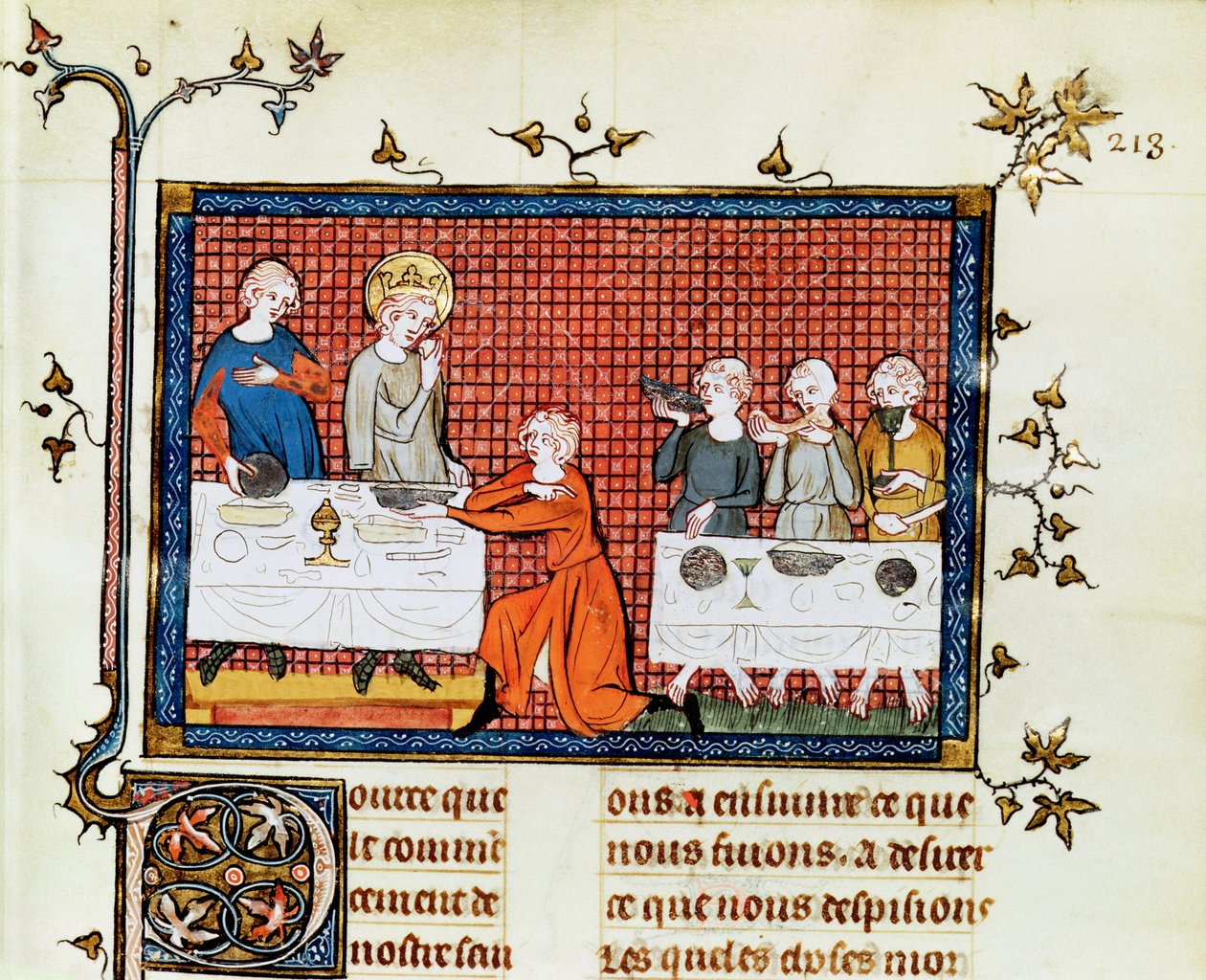 Fr. Fr. 5716 f.213 St. Louis Matar de fattiga, från Life and Miracles of St. Louis, c.1330-40 av French School