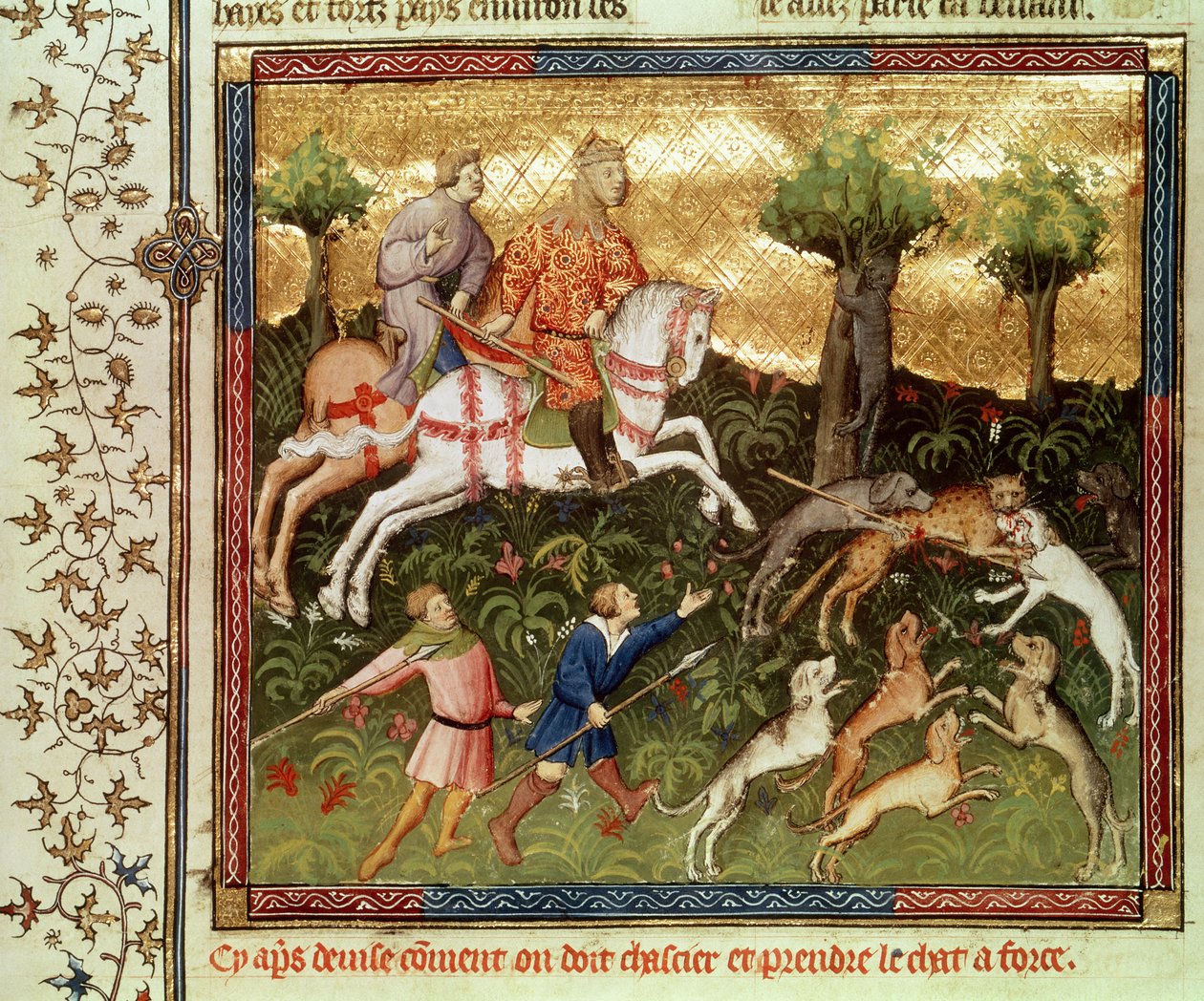 Fr 616 fol.101 Hundar som attackerar en leopard, från en bok av Gaston Phebus de Foix (1331-91) av French School