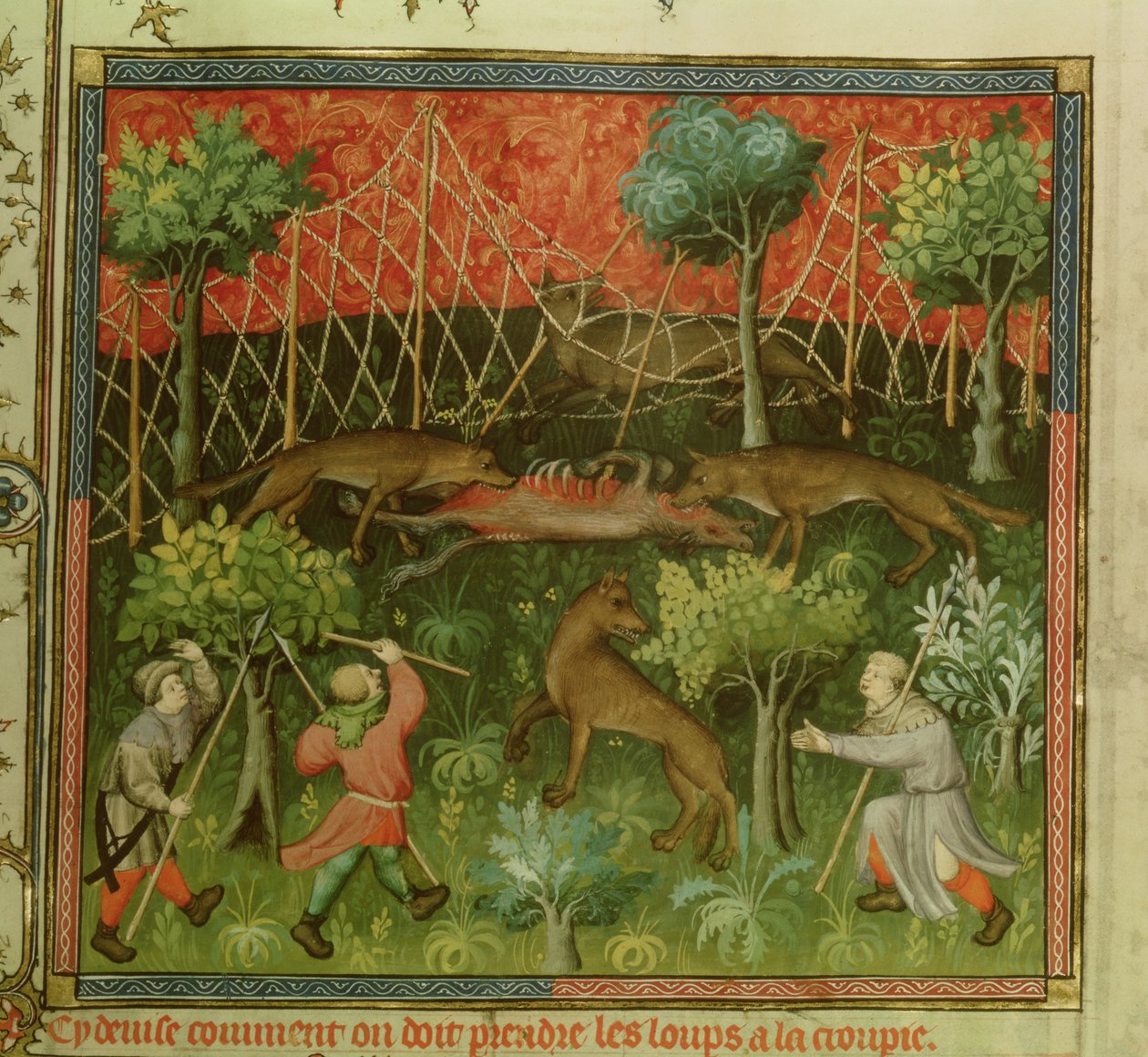 Fr 616 fol.111 Vargjakt med hjälp av nät, från Livre de la Chasse av Gaston Phebus de Foix (1331-91) av French School