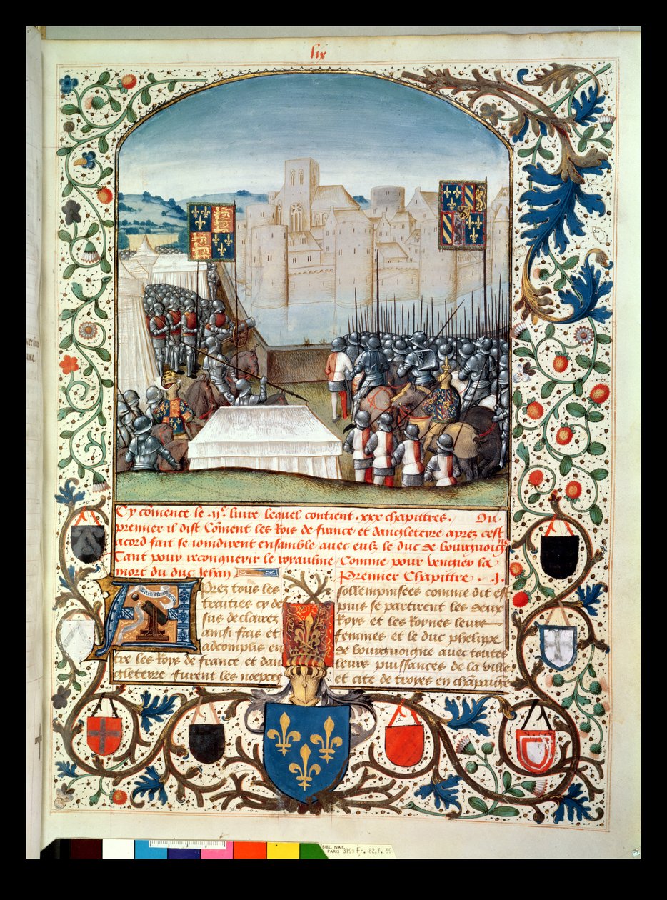 Fr 82 Fol.59 De burgundiska och engelska arméerna, från Anciennes Chroniques dAngleterre, av Jean Batard de Wavrin, ca 1470-80 av French School