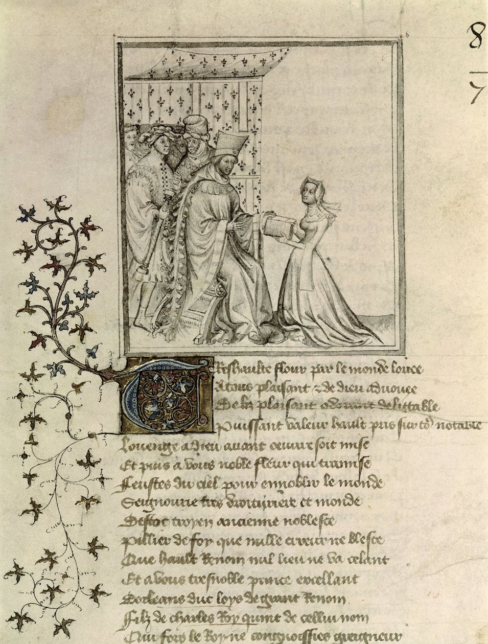 Fr 848 fol.1 Christine de Pisan (1364-1430) presenterar sitt arbete för Louis, hertig av Orleans (1372-1407) från Otheas brev till Hector av Christine de Pisan, ca 1405 av French School