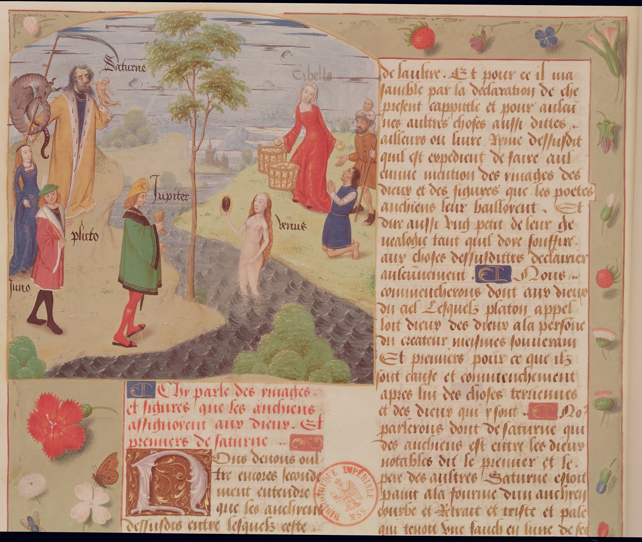 Ms Fr 9197 Fol.157 Olympus med Saturnus, Pluto, Juno, Venus, Jupiter och Cybele, från Livre des Eschecs DAmour av French School