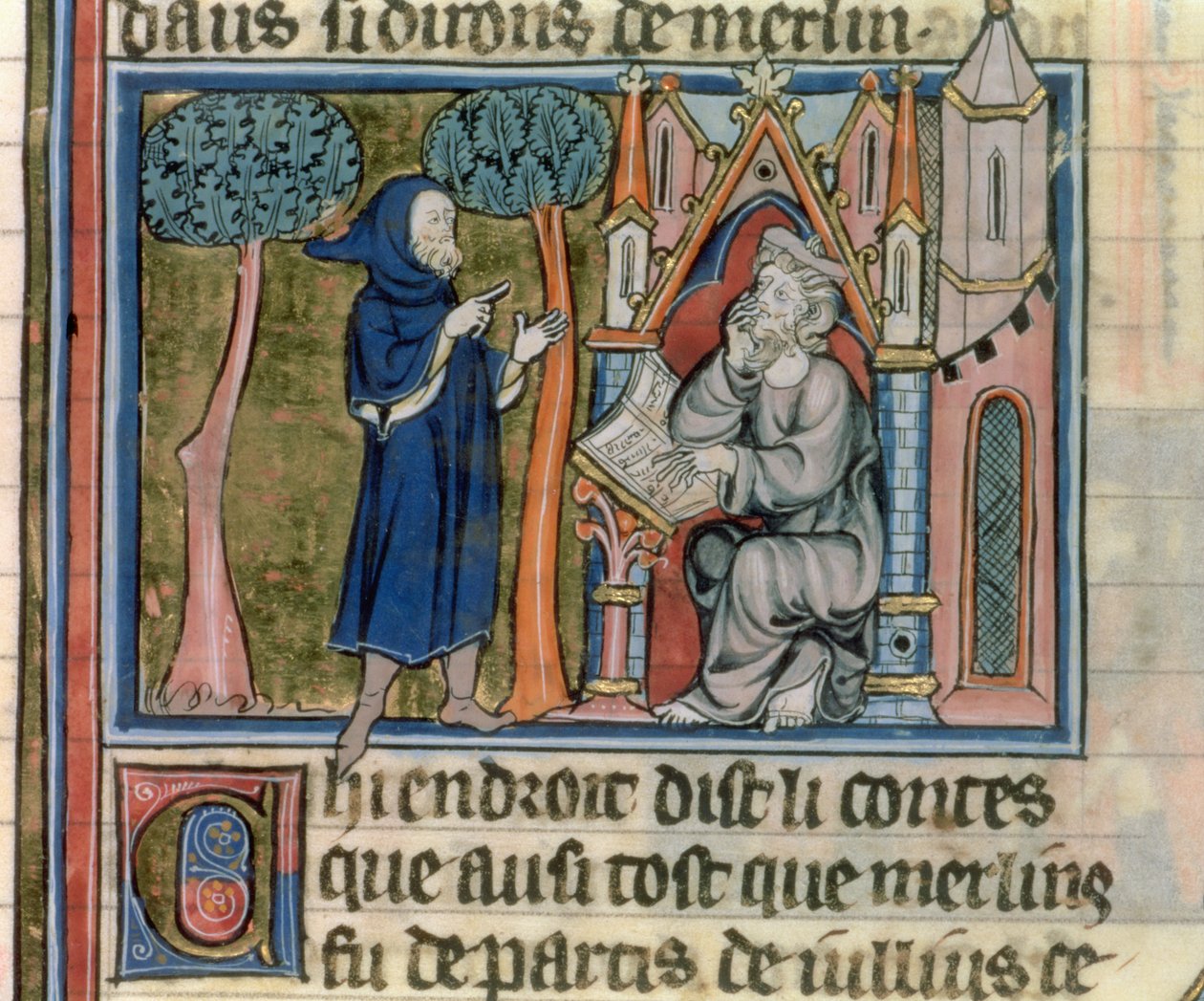 Fr. 95 f.268 Merlin dikterar berättelsen till Blaise, från lHistoire de Merlin, c.1280-90 av French School